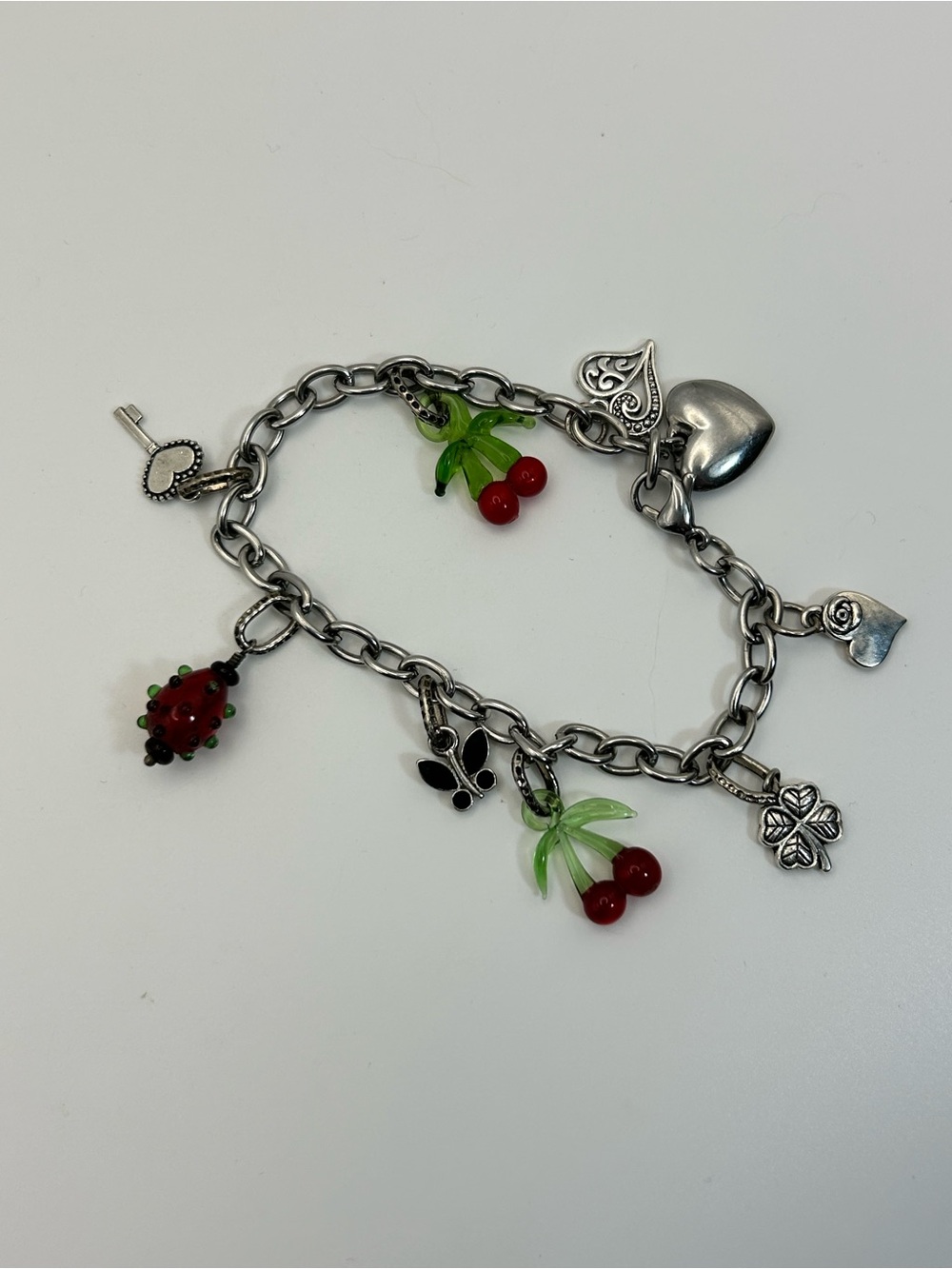 Red Cherry Charm Bracelet Silver-tone Strawberry Hearts Clover Oval Link 8" - Picture 8 of 10